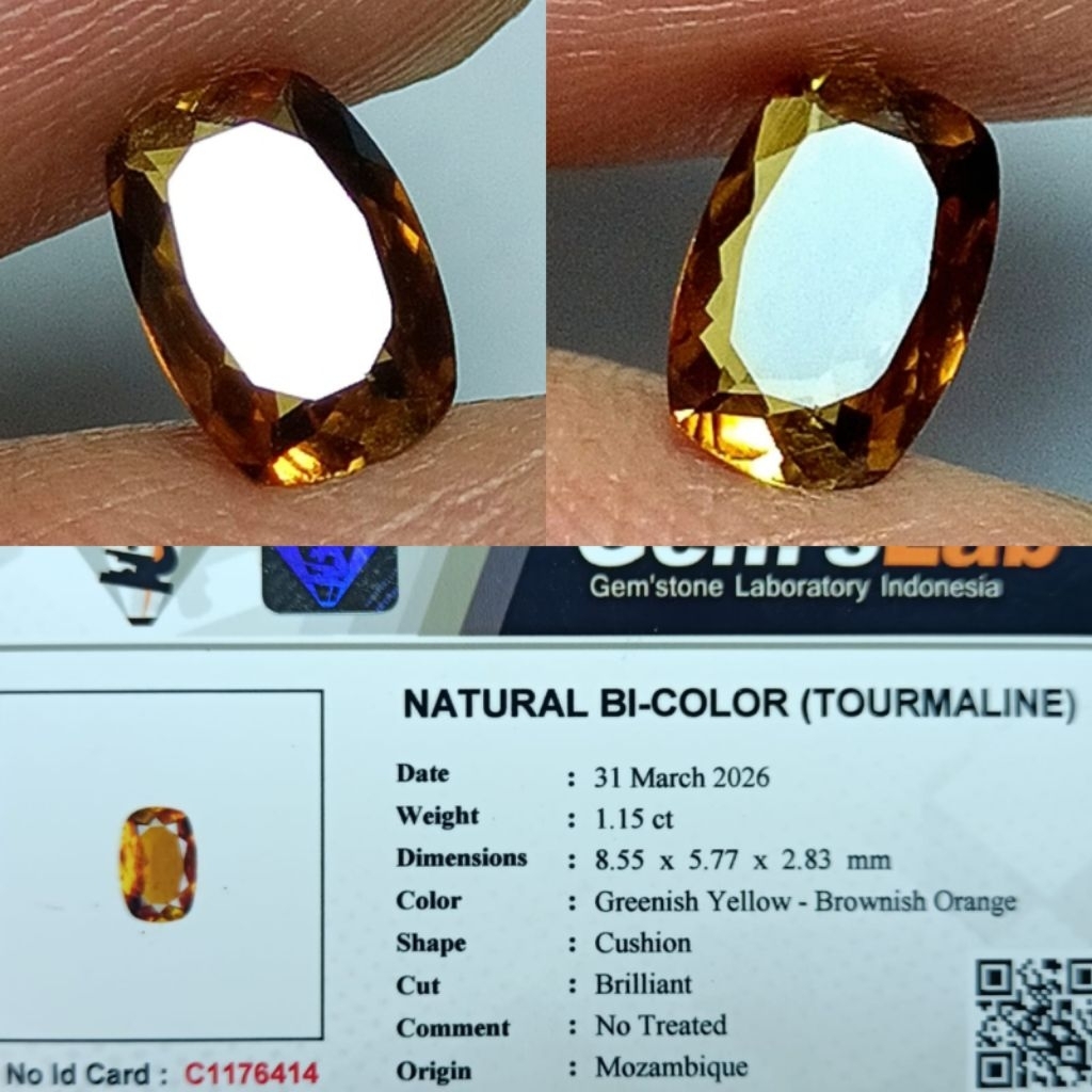 natural bi-color tourmaline greenish yellow - brownish orange mozambique memo GLI