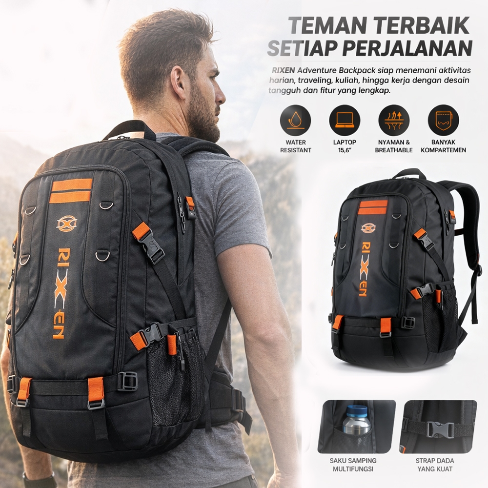 Tas Ranse Pria 60L |  mountain backpack | Polyester Nylon | Praktis Modern Hitam | Mudik & Camping