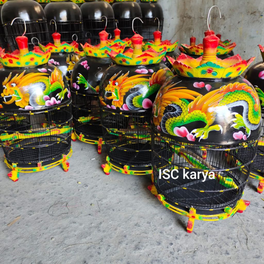 SANGKAR PERKUTUT MAHKOTA KAYU MOTIF LUKIS NAGA