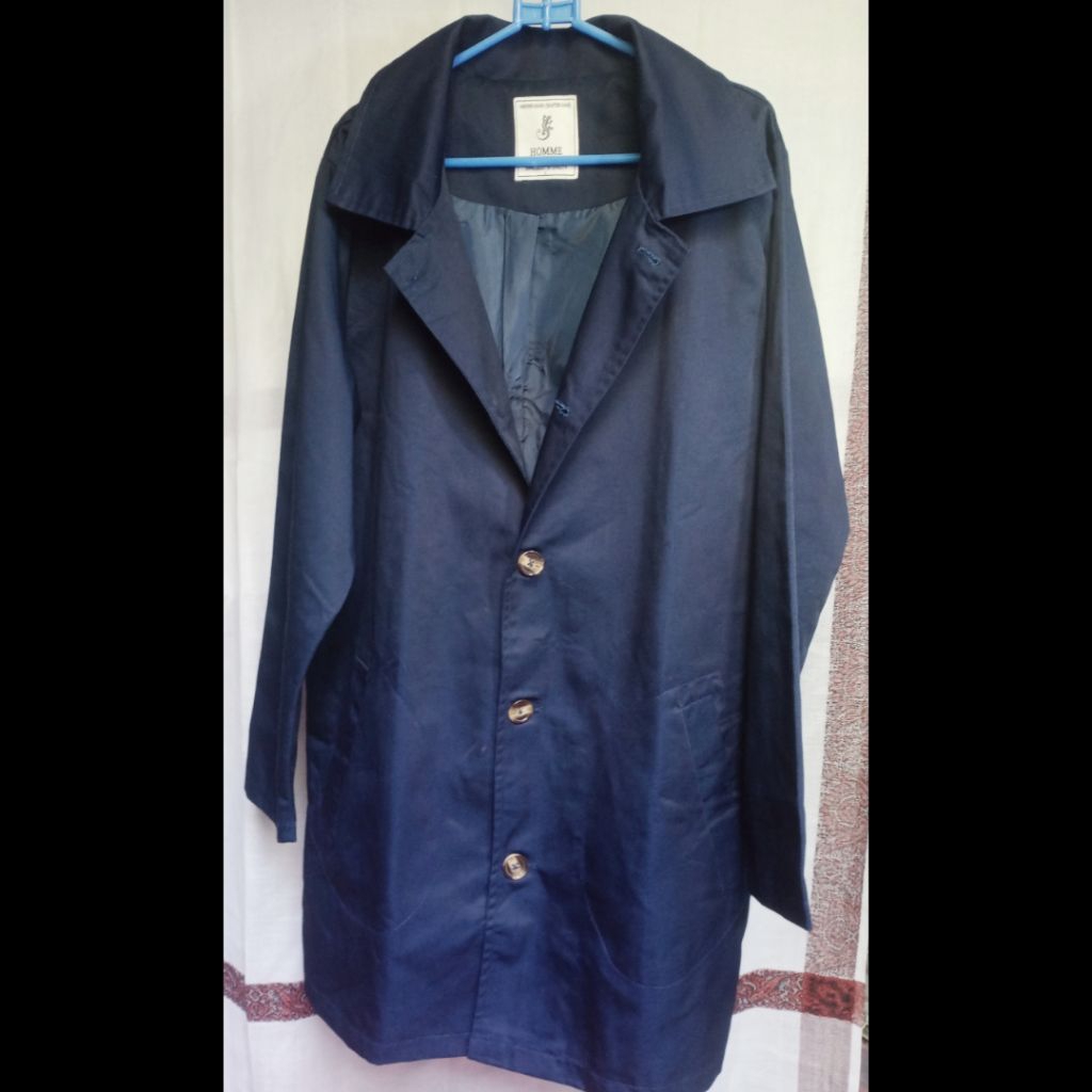 HOMME Long Coat Pria Size { L } Dark Navy Katun Polyester # preloved bekas second pl used pakaian ba