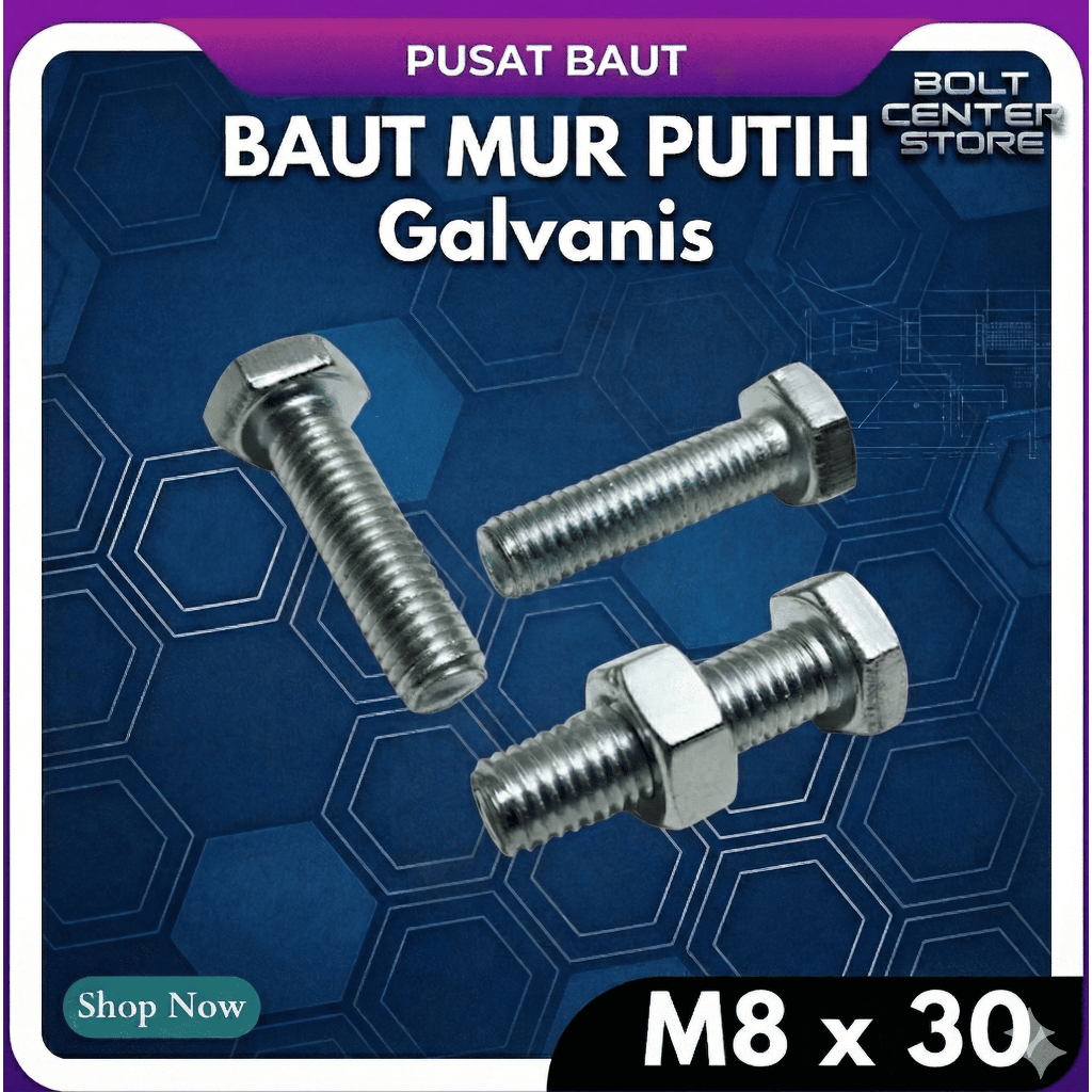 M8x30 Baut Mur M8 X 30 BMP Galvanis Putih