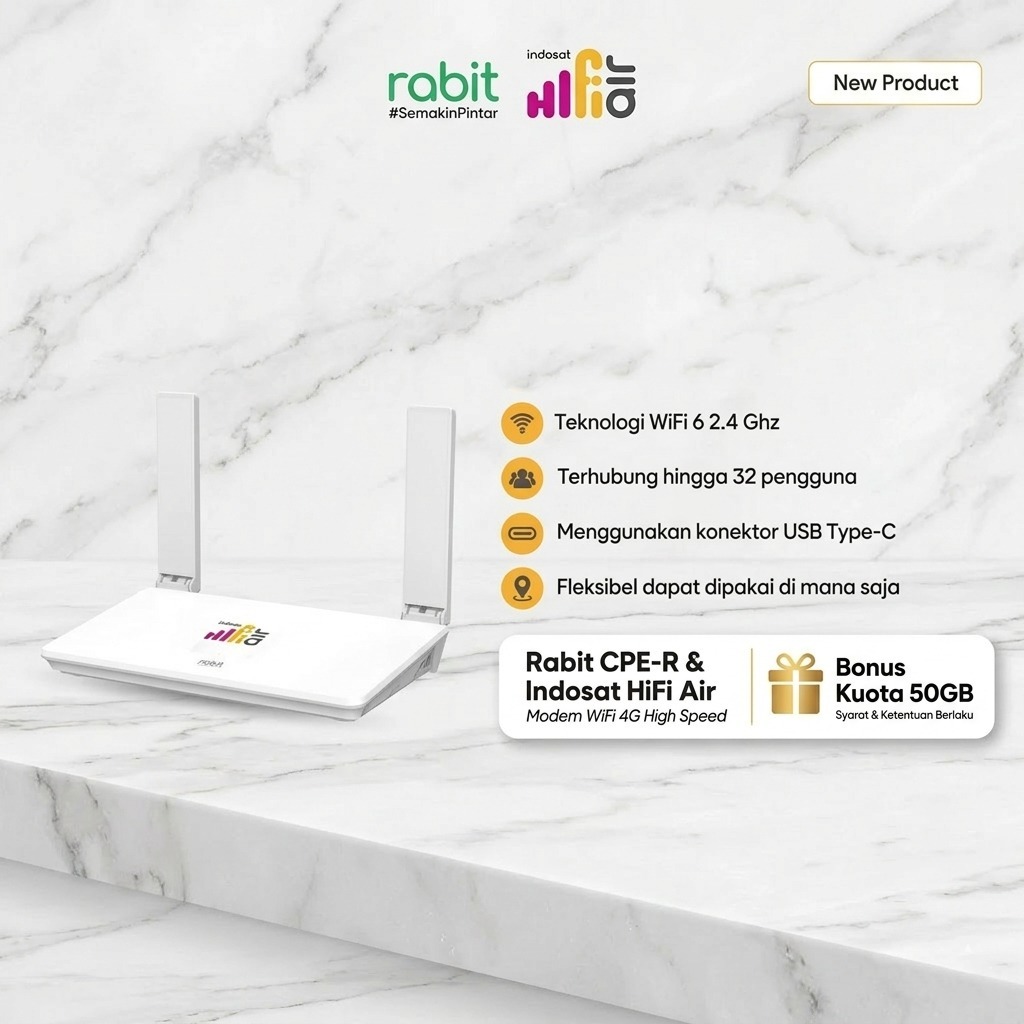 Modem WiFi 4G High Speed Indosat HiFi Air Rabit CPE-R Router WiFi 6 Type-C Support 32 User + Bonus 5