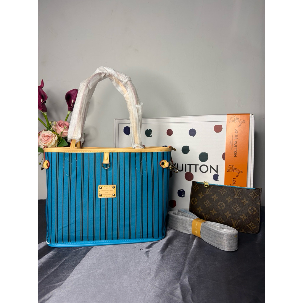 Tas LV neverfull inside out biru & monogram