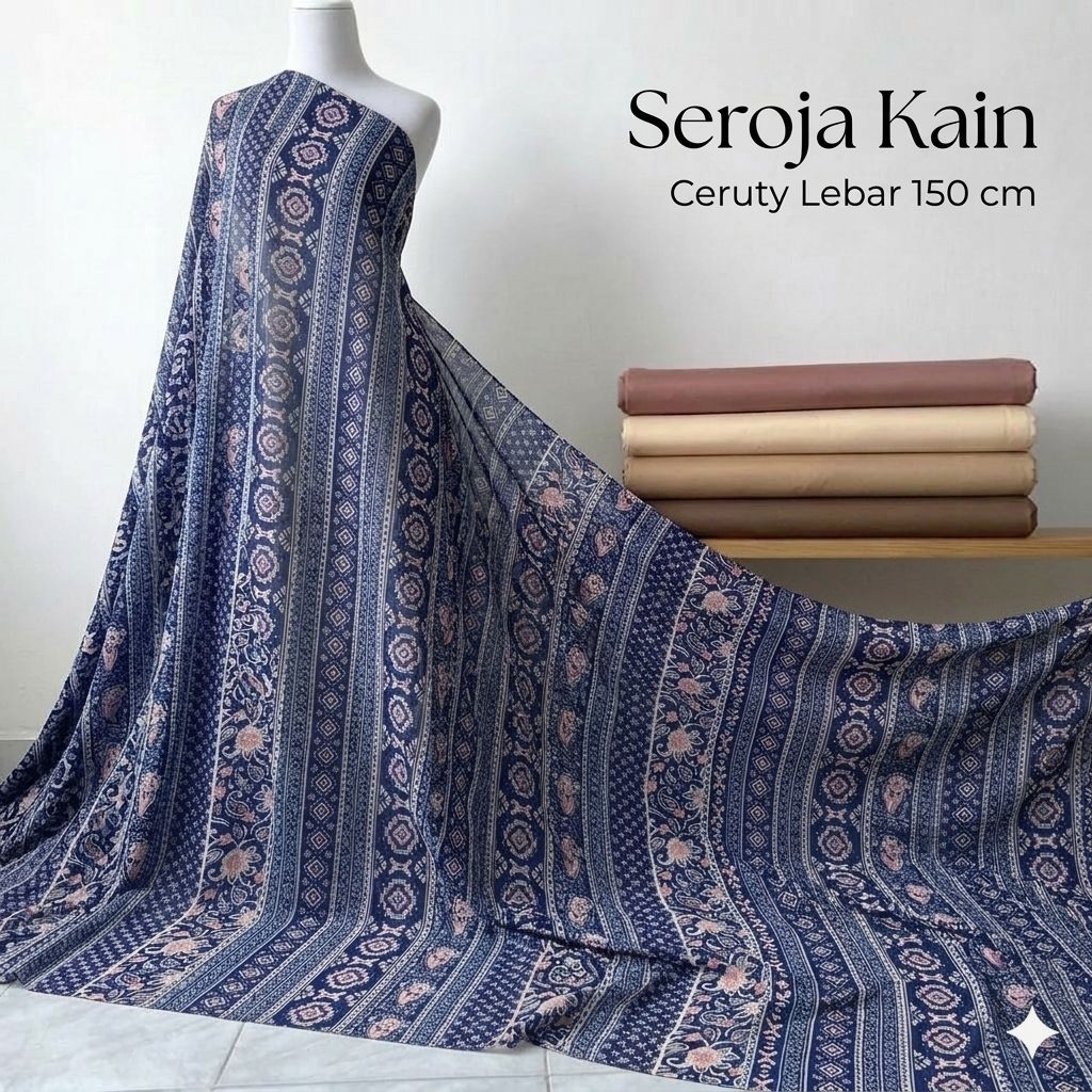 Kain Sifon Ceruty Motif Garis Vertikal Etnik Biru Navy Pink - Bahan Dress/Tunik Kyt