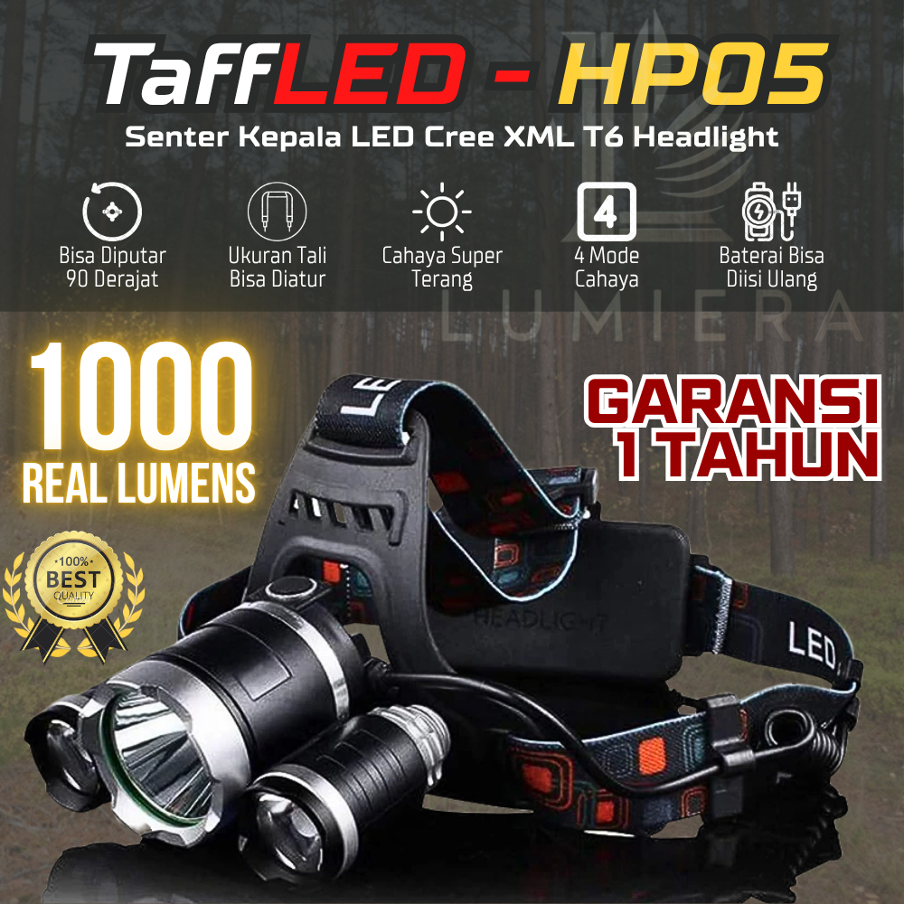 Senter Kepala Super Terang Tahan Hujan 1000 Lumens Rotatable Adjustable Size - TaffLED HP05