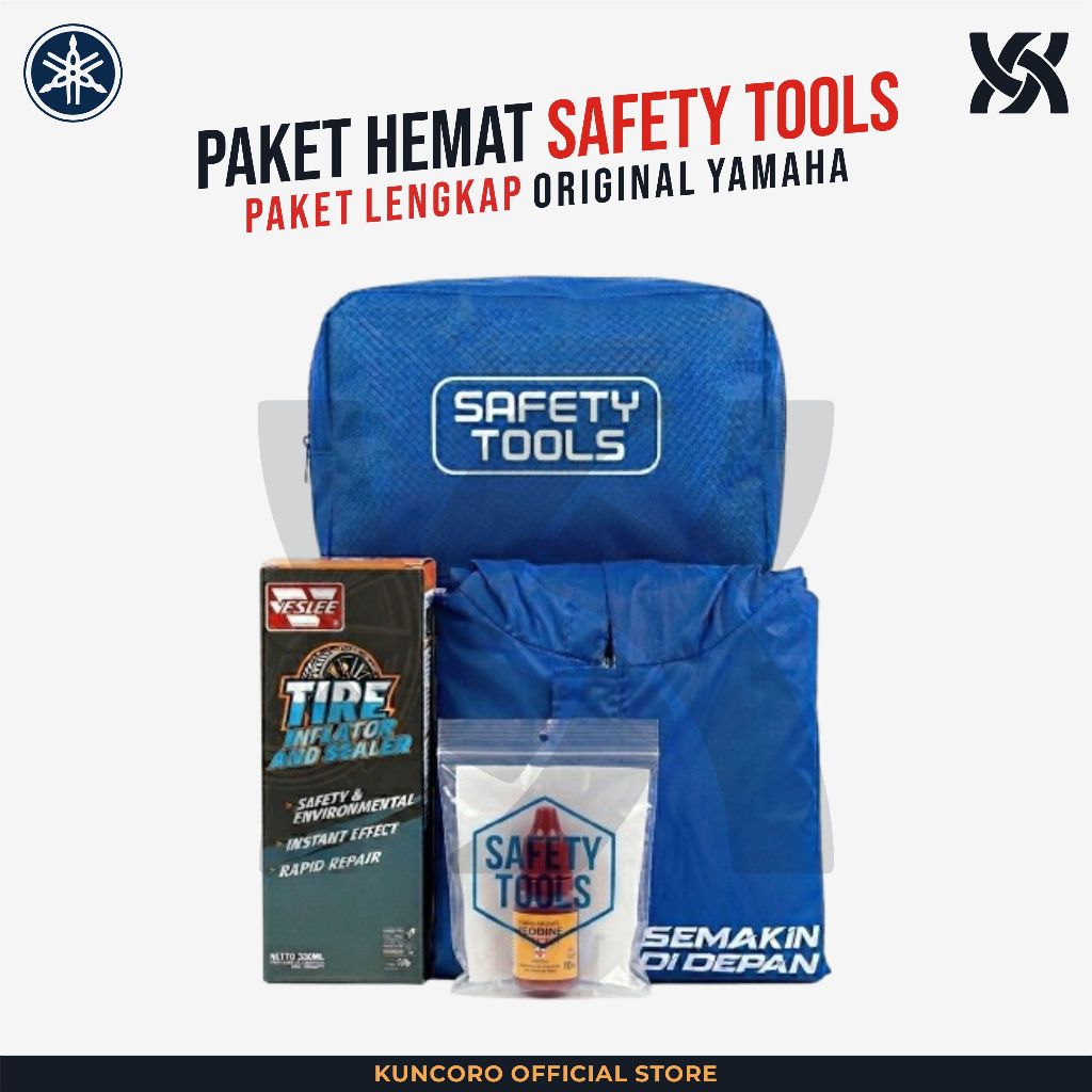 Paket Hemat Safety Tools Yamaha Original - Tas Biru + Jas Hujan + Tire Inflator Veslee & P3K