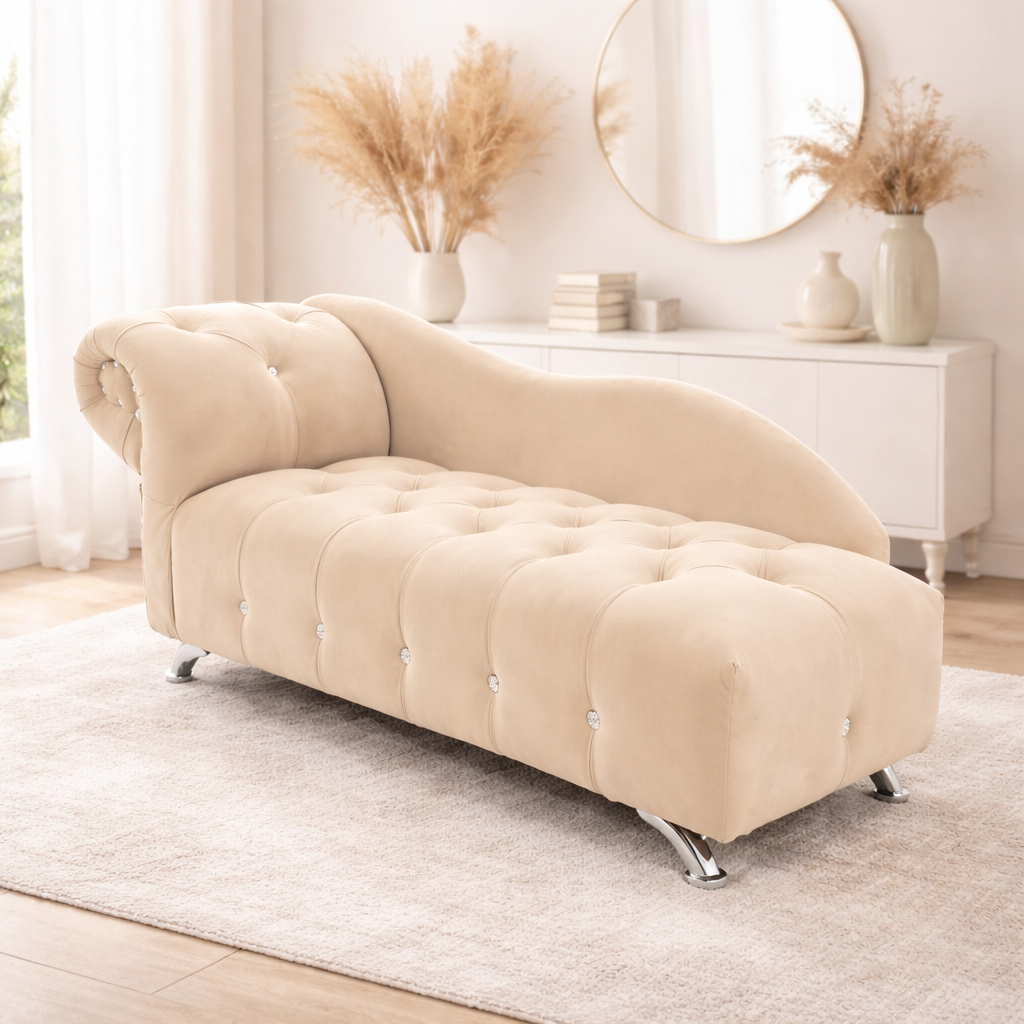 Sofa Chaise + Stool Bulat – Set Sofa Beludru Ruang Tamu Modern Sofa Minimali Ruang Tamu