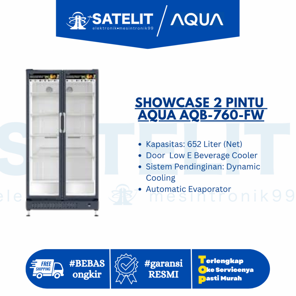 AQUA AQB-760-FW Showcase 2 Pintu 625L - Anti Embun & Dynamic Cooling Low Watt