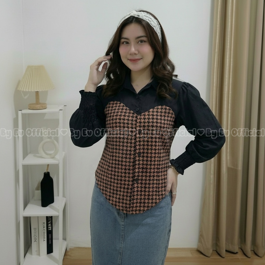 Rona Puff Katun Blouse Puff Katun Twist Combi Knit Turtle Neck M-XXL Jumbo Katun Twist Combi Knit M-