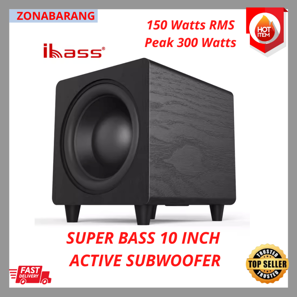 iBASS SUBWOOFER ACTIVE 10 INCH 150 WATTS RMS PEAK 300 WATTS LINE OUT IN DEEP BASS BAZOOKA BAZOKA EMP