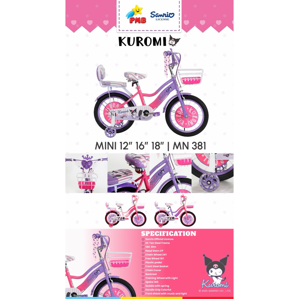 PMB 381 Sepeda Anak Perempuan Mortein 381 Kuromi Lisense Sanrio Musik Ukuran 12 16 18 Inch Keranjang