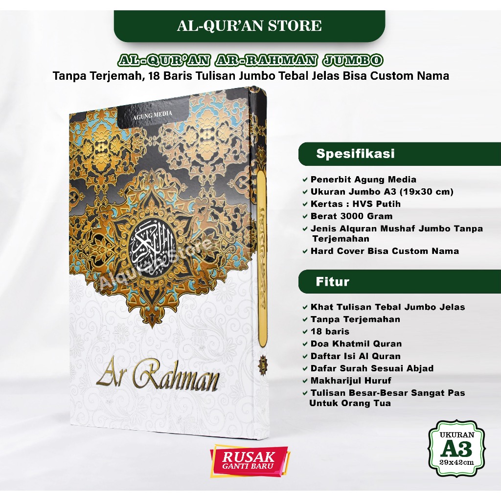 Alquran Jumbo B4 Ar-Rahman Ar-Rahiim Non Terjemah Al Quran Lansia Tanpa Terjemahan Tulisan Besar