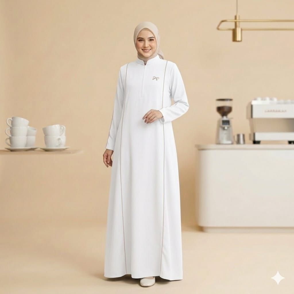Gamis Wanita Terbaru Gamis Polos List Putih Mewah dan Elegan