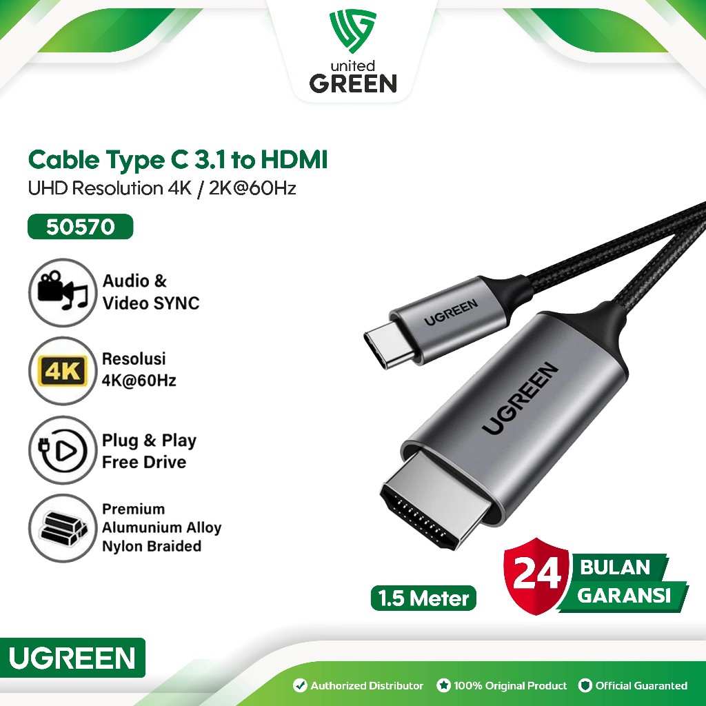 UGREEN 50570 Kabel Converter Type C Male to HDMI Male 1.5M 1.5 Meter 4K 60Hz Cable Tipe C Adaptor Ad