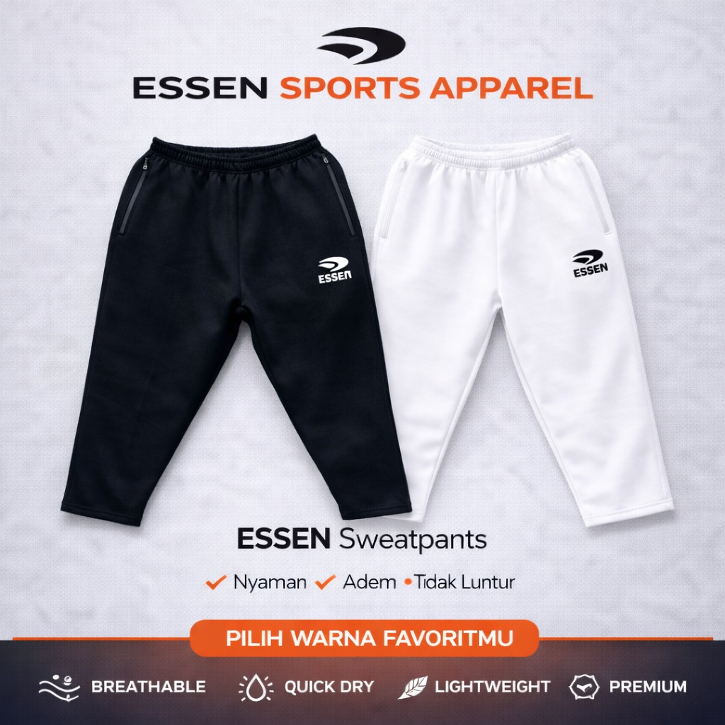 ESSEN Basic Sport 3/4 Pants Unisex | Celana Olahraga 3/4 Badminton, Running, Padel, Gym | Hitam & Pu