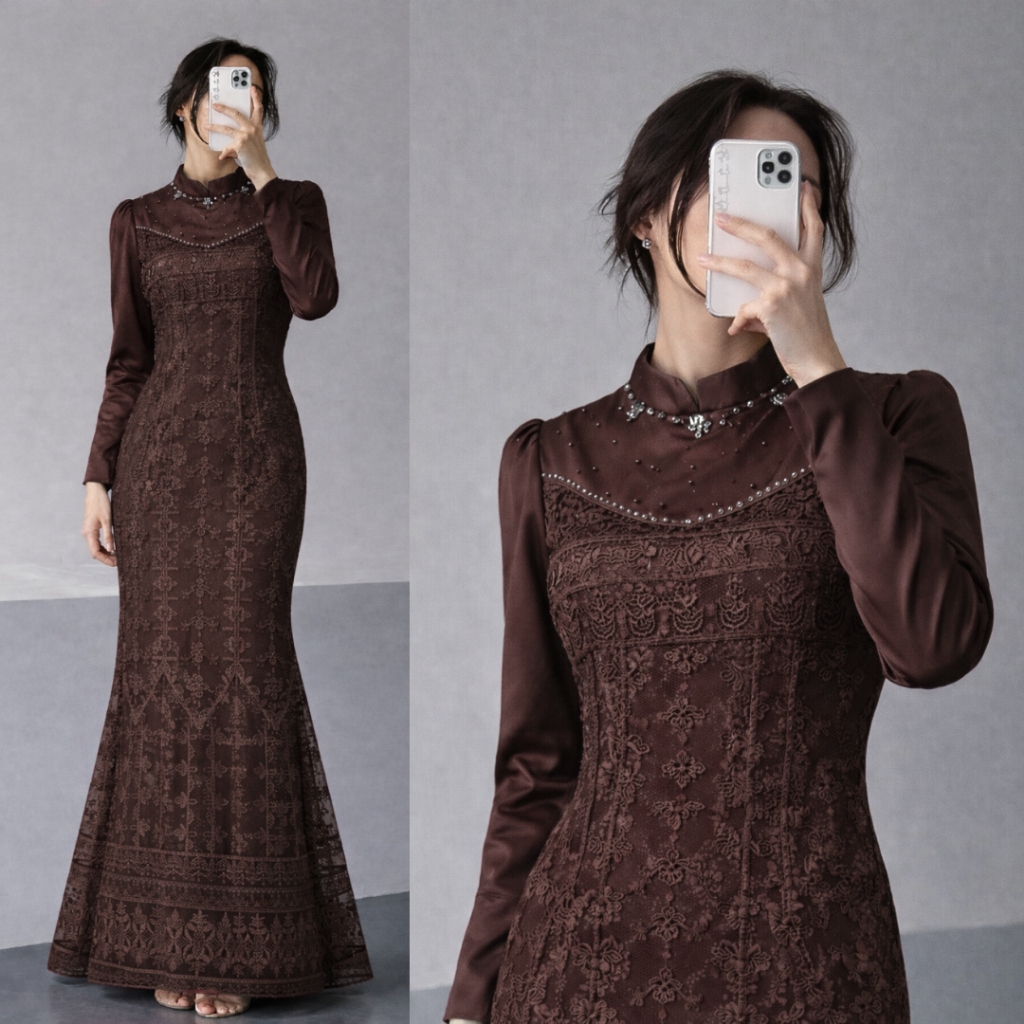 Leona Gamis Kondangan Duyung Dress Wisuda Baju Pesta Lebaran Terbaru Mahogany Burgundy Gamis Brokat