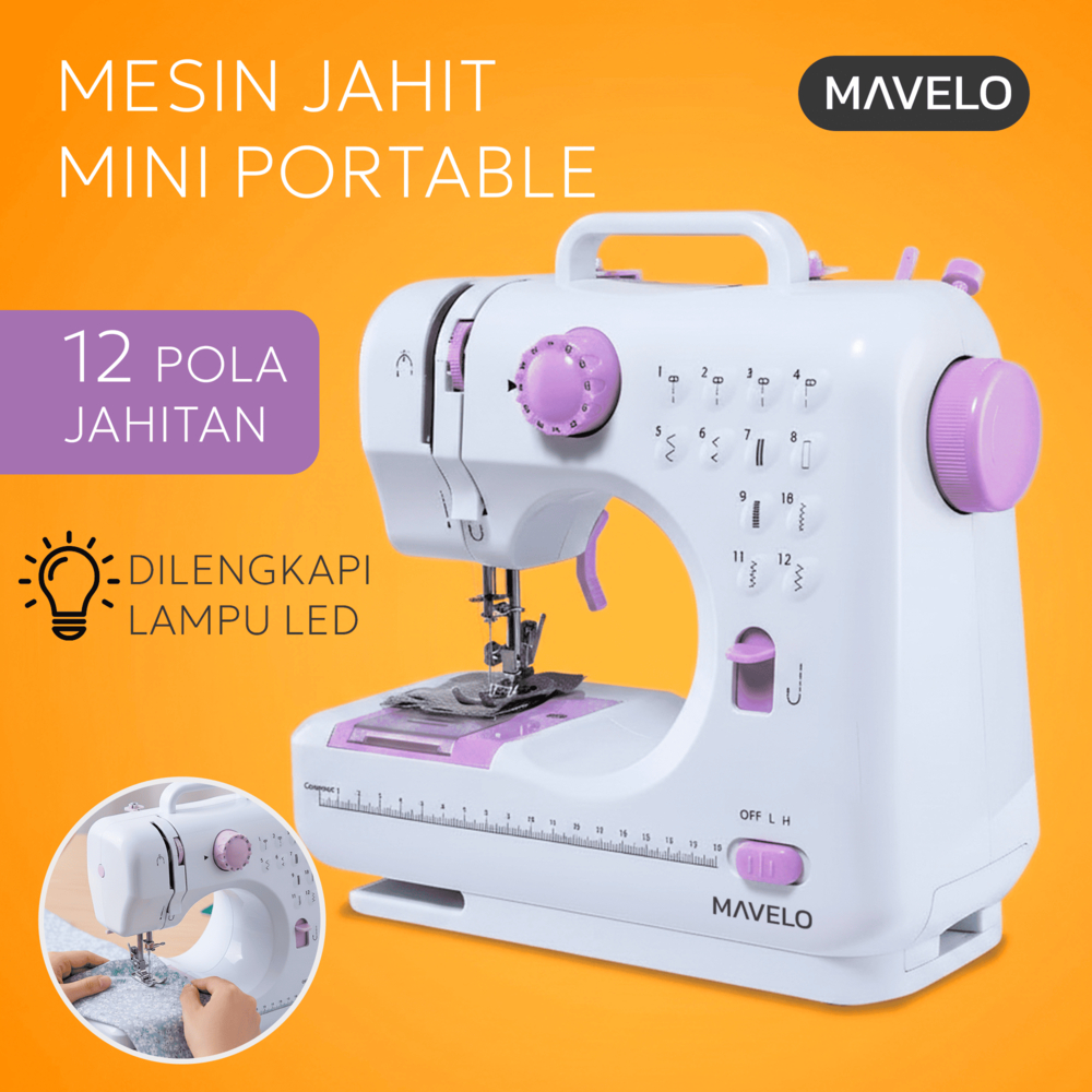 MAVELO Mesin Jahit Portable Mini Baterai & Listrik 12 Pola Jahitan dengan LED