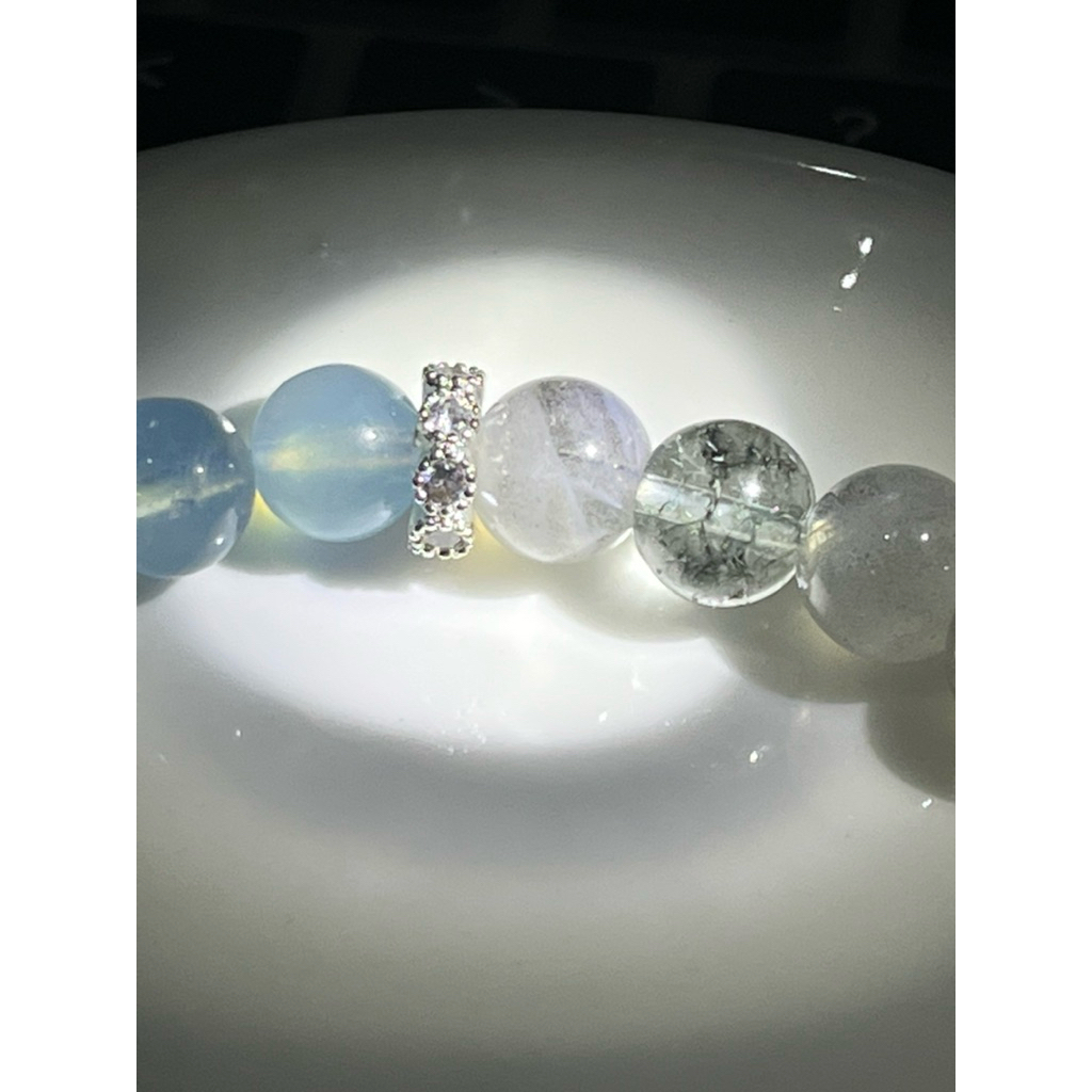 Gelang duobao Labradorite Aquamarine dan green phantom s925spacer mosanite