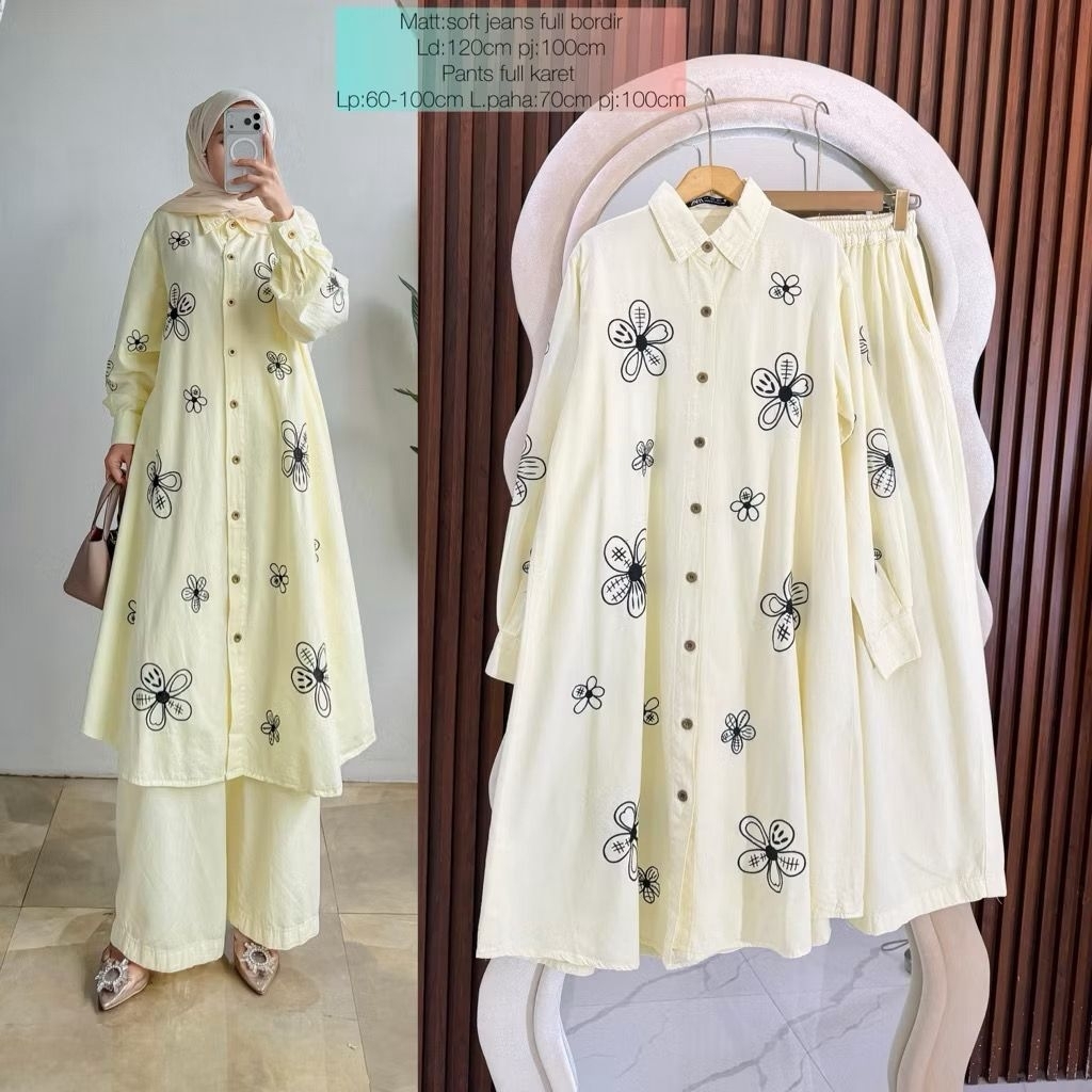 setelan tunik celana bordir jeans zara kulot