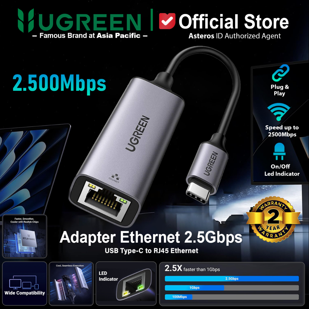 UGREEN USB Type C To Lan Ethernet Adapter 2.5G 2500Mbps USB 3.0 Network Card for Laptop PC NAS Serve