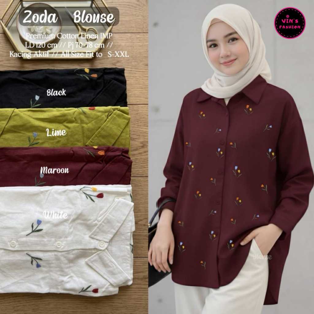 Kemeja bordir bunga katun linen jumbo atasan wanita