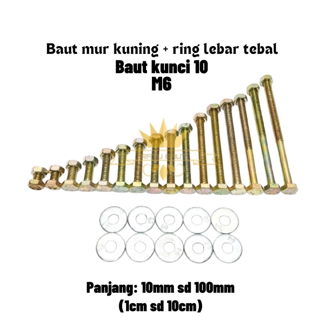 10 pcs Baut Mur + Ring Plat Lebar Tebal M6 Kunci 10 / Baut Kuning M6 + Ring Putih 18mm Tebal 2mm Pan