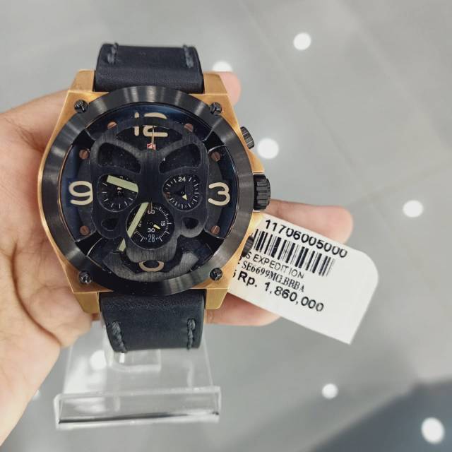 Jam Tangan Pria Expedition E 6699 Body Hitam Ring Silver Tengkorak Original