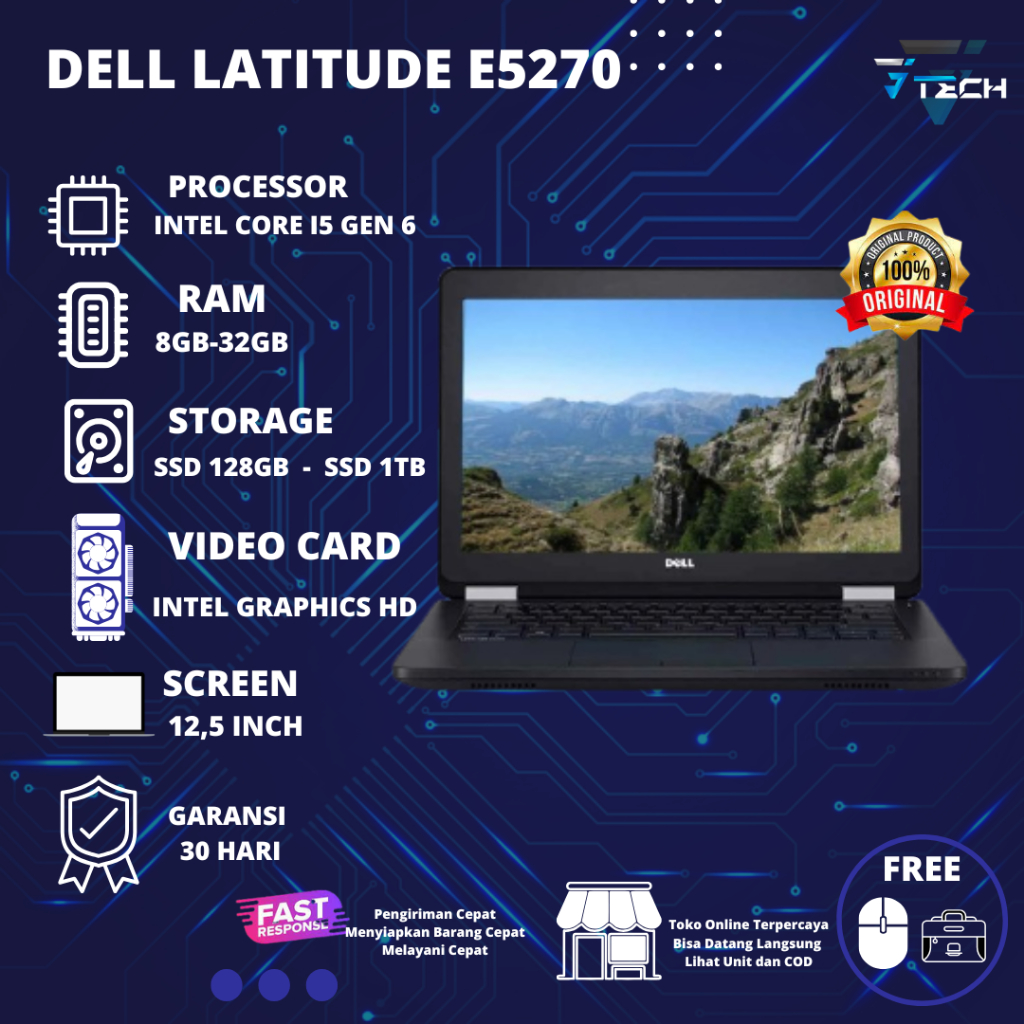Laptop Dell Latitude E5270 Core i5 Ram 32gb Ssd 1Tb Mulus Bergaransi