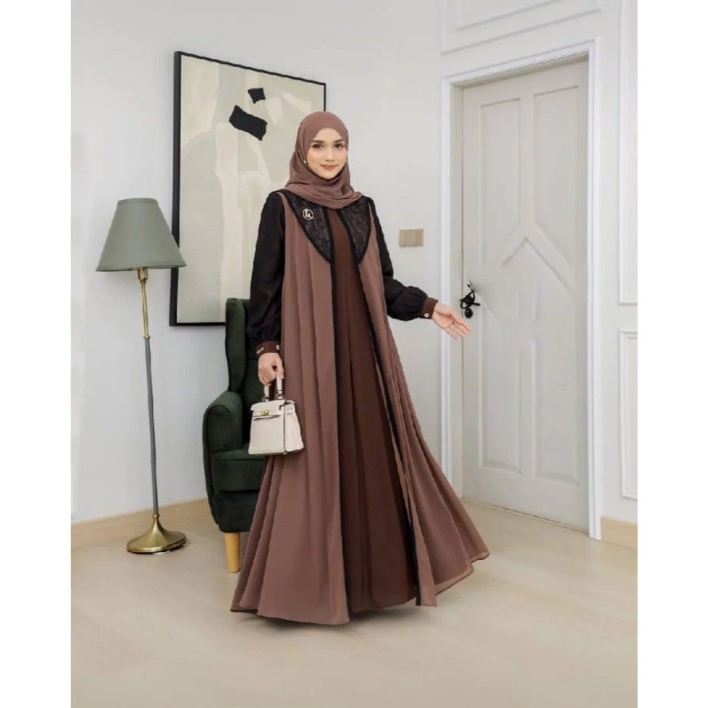 Gamis Wanita Elegan Mewah Shena Dress Bahan Ceruty Babydoll Mix Brukat Chantilly LD 100 - 130 Cm Siz