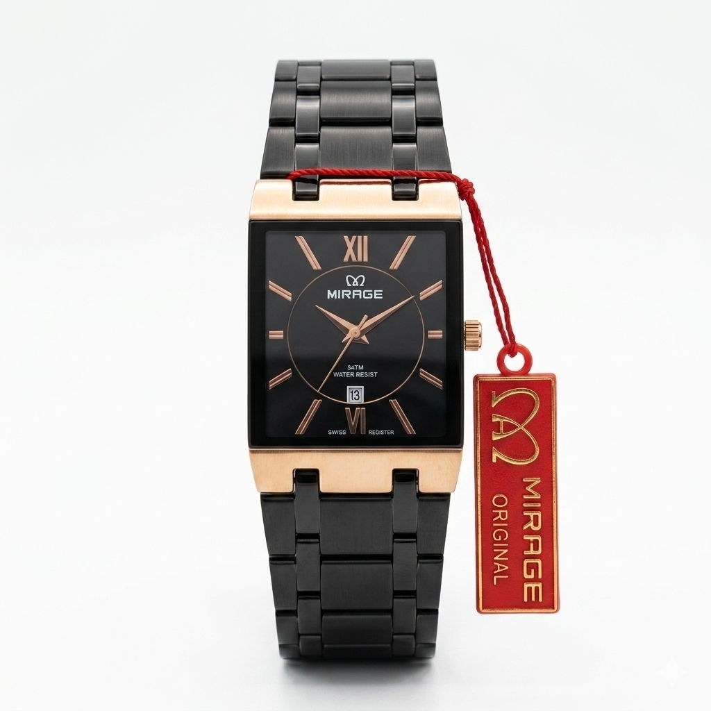 Jam Tangan Mirage 7908 Rantai Hitam Rosegold Petak