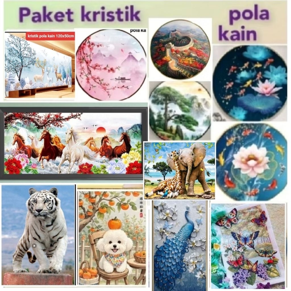 (READY) DIY paket kristik 9 ikan koi kuda merak macan jumbo dmc pola kain peoni lotus cross stitch k