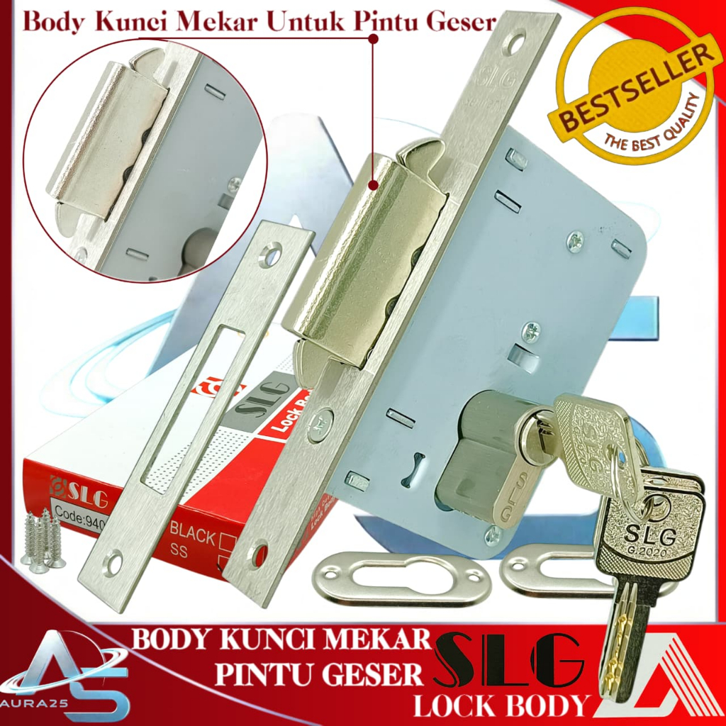 Kunci Pintu Geser SLG/Kunci Sliding Door SLG Body Mekar/SLG Lock Body Lidah/Full Set Lengkap