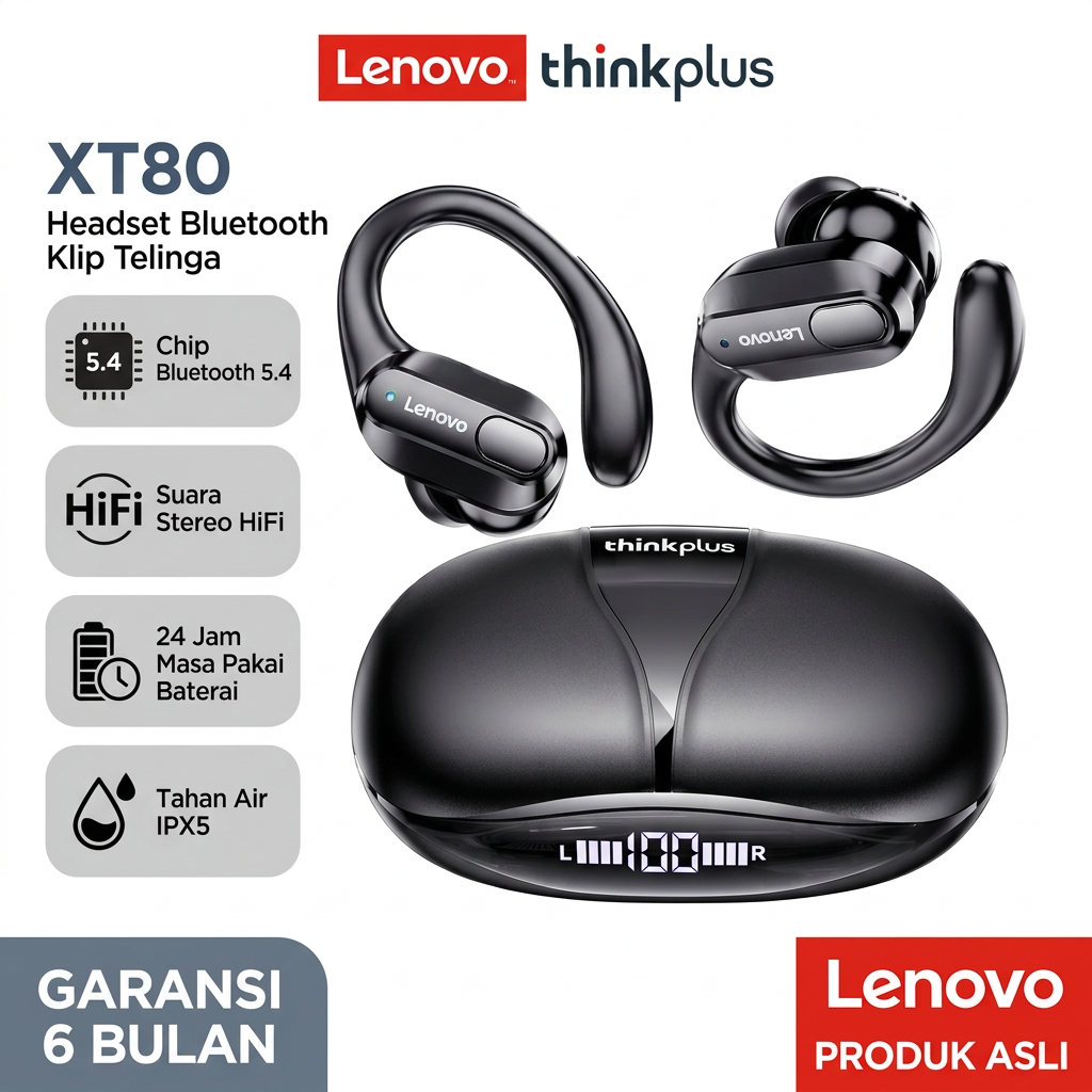 Headset Bluetooth Lenovo ThinkPlus XT80 Mic Noise Cancelling, Cocok Rapat Online, Garansi 1 Tahun