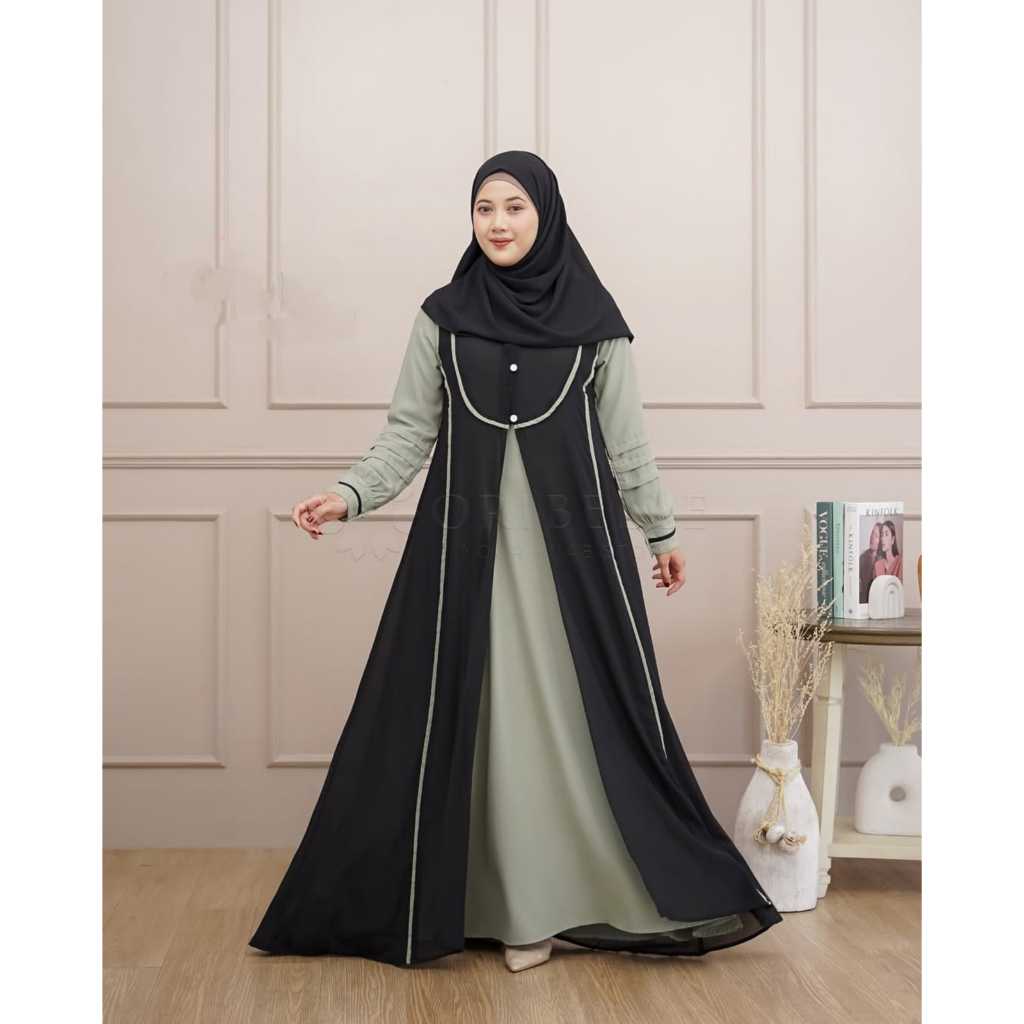 Gamis Inner Outer Lepas Pasang Qirani Dress Wanita Zipper Depan Gamis Elegan Bahan Sabrina Anti UV P