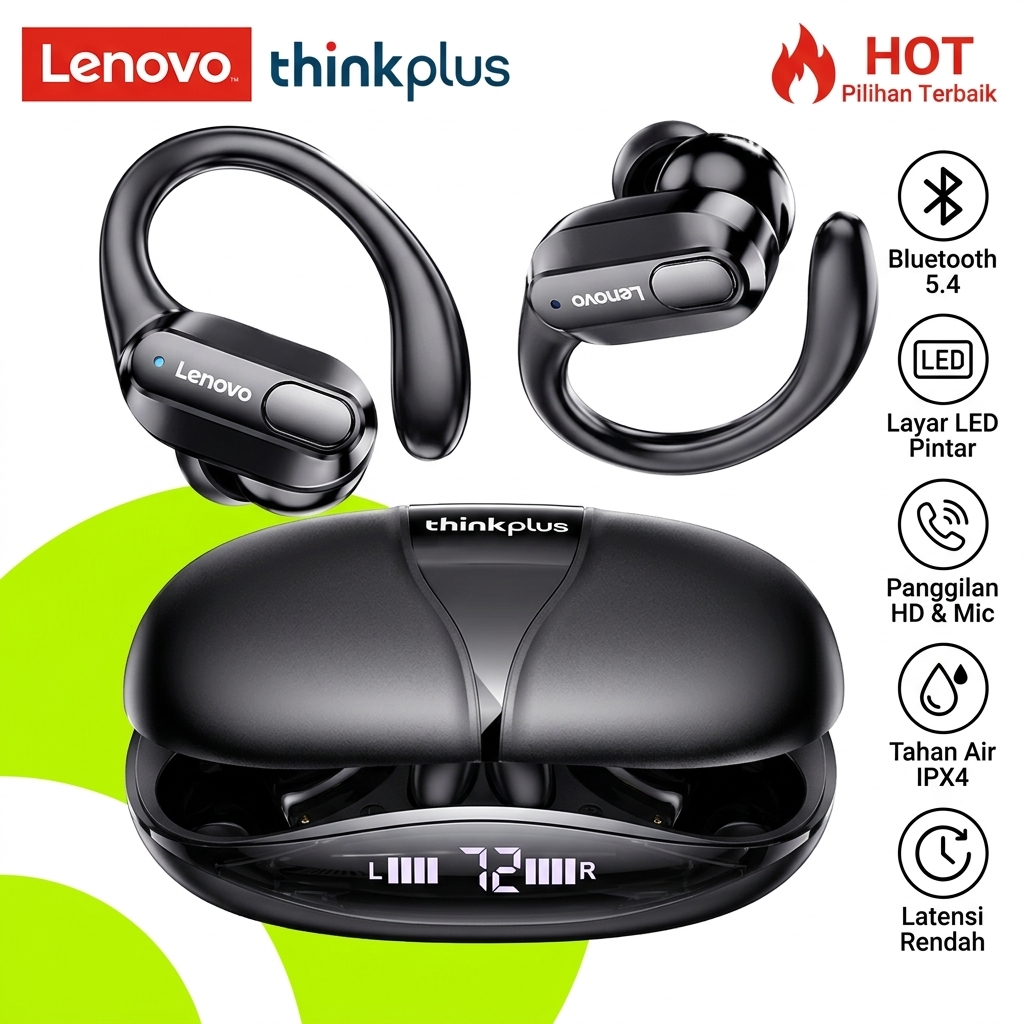 Headset Bluetooth Lenovo ThinkPlus XT80 Desain Ringan, Tidak Terasa Saat Dipakai Olahraga, Garansi 1