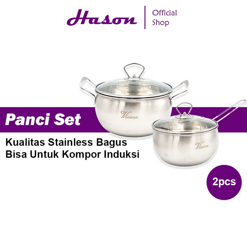 Vienna Panci Set 2pcs Premium Stainless + Tutup Kaca | Panci Mpasi | Panci Soup | Panci Rebus Sup
