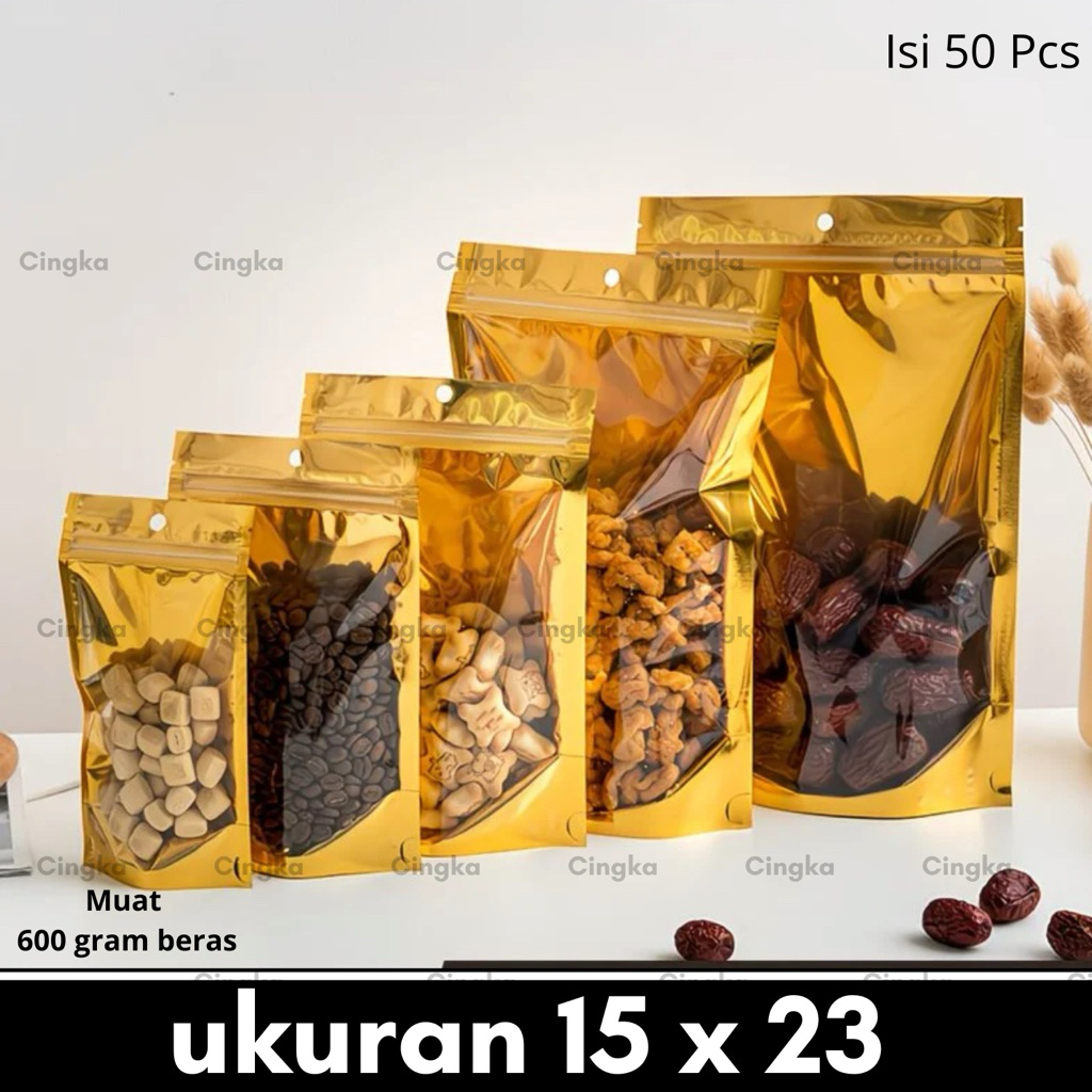Standing Pouch Kombinasi Plastik Aluminium Foil Emas 15x23 - 500 gr