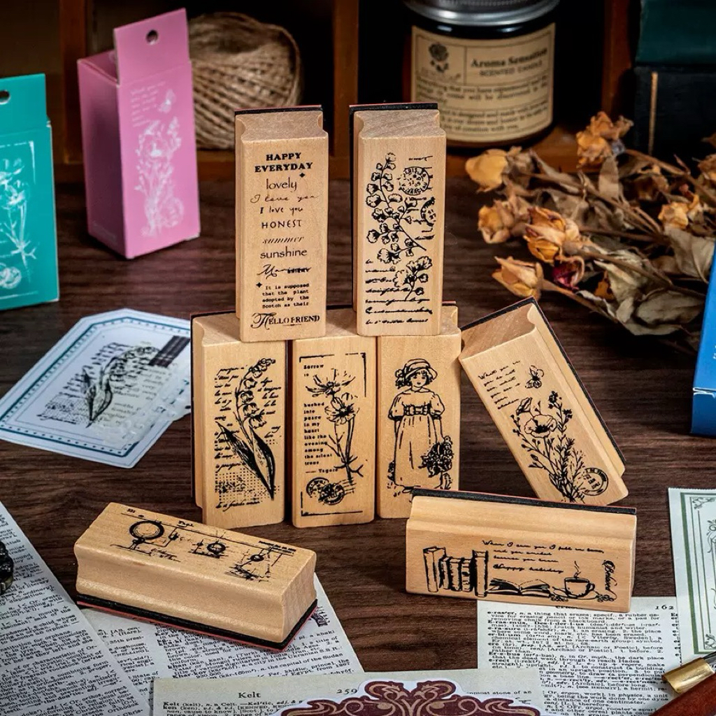 stempel kayu dekorasi buku harian vintage, tanaman, estetik