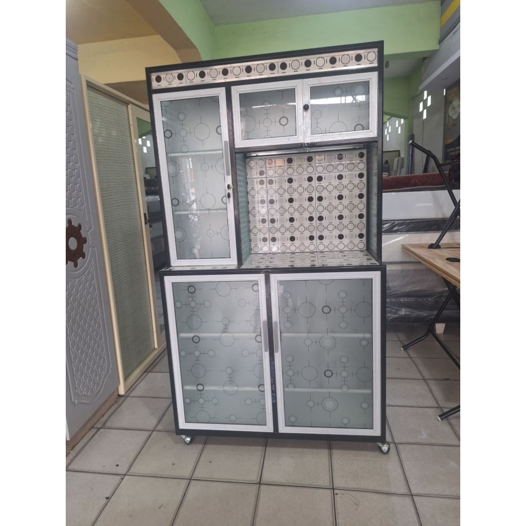 lemari dapur rak piring aluminium kaca 5 pintu