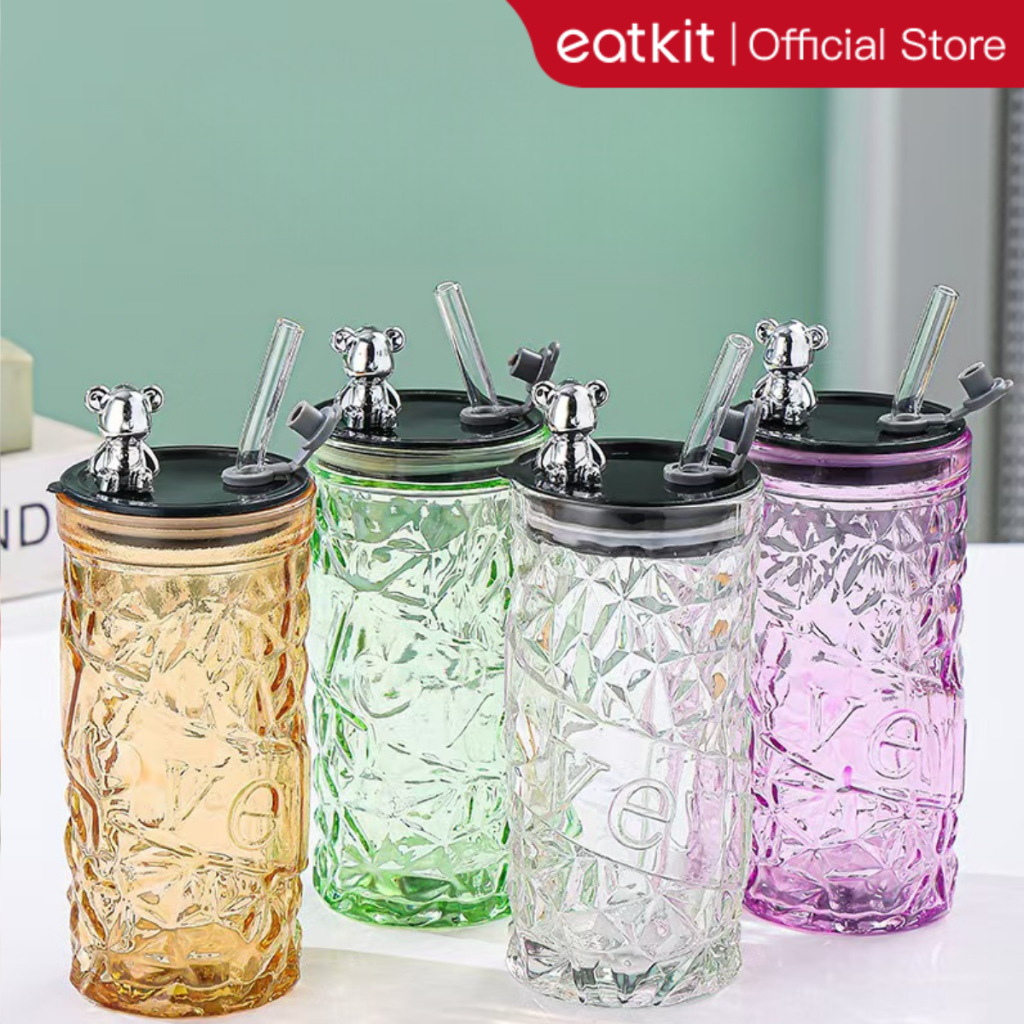 Eatkit Tumbler Gelas Kaca 500ml | Tumbler Kaca Aesthetic Botol Mug Kopi Tumbler Gelas Kaca Bear Lid