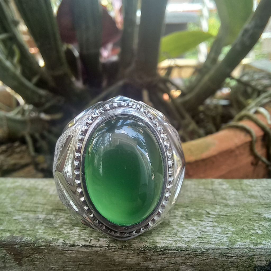Batu akik hijau calsedony ring monel
