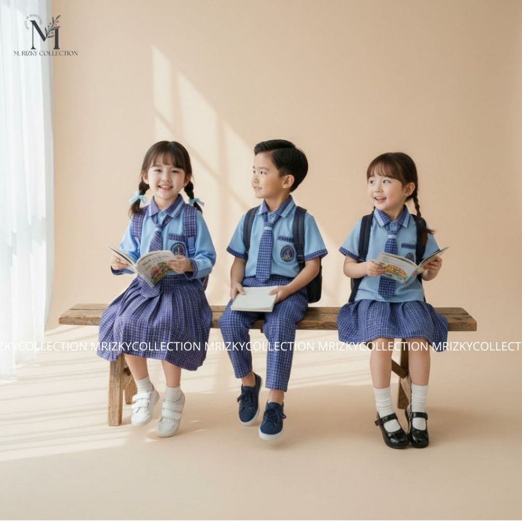 SERAGAM SEKOLAH TK/PAUD ANAK MOTIF BIRU KOTAK- KOTAK BIRU NASIONAL LAKI LAKI PEREMPUAN PANJANG/PENDE