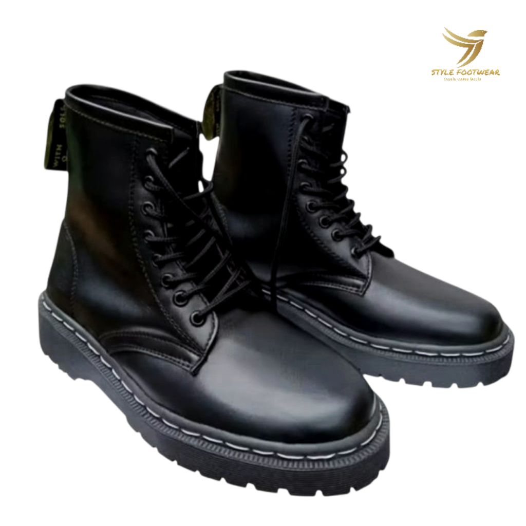 sepatu boots kulit hitam tinggi casual pria wanita black  stylefootwear