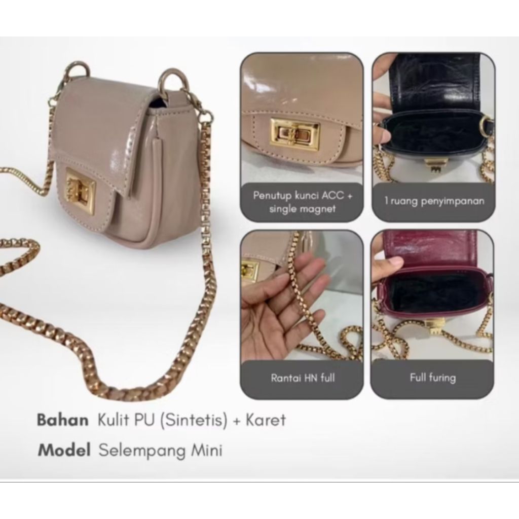 Tas Mini Glossy Premium Wanita | Sling Bag Rantai Emas | Tas Kecil Elegan Kekinian Murah
