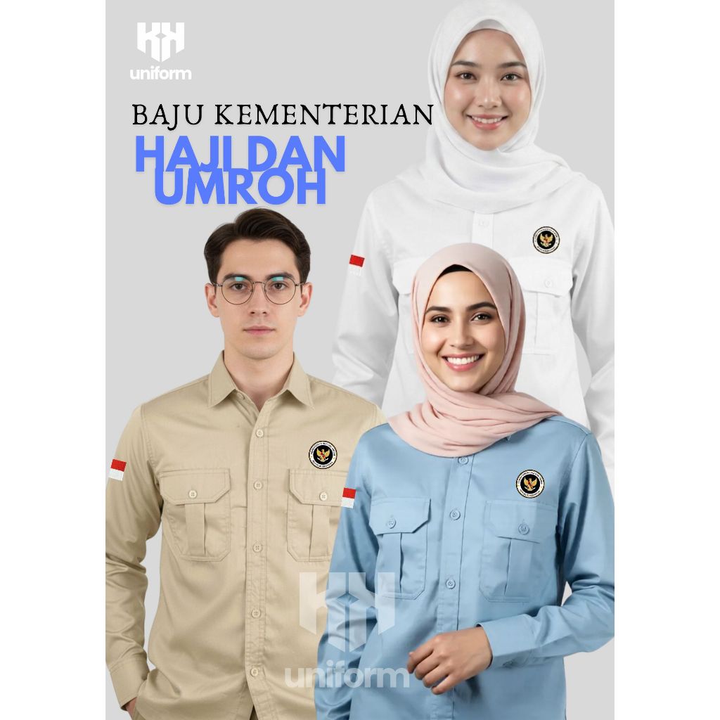 Baju Seragam Kementerian Haji dan Umroh Pria Wanita Warna Biru Muda, Krem Muda, Putih, Ukuran Kompli