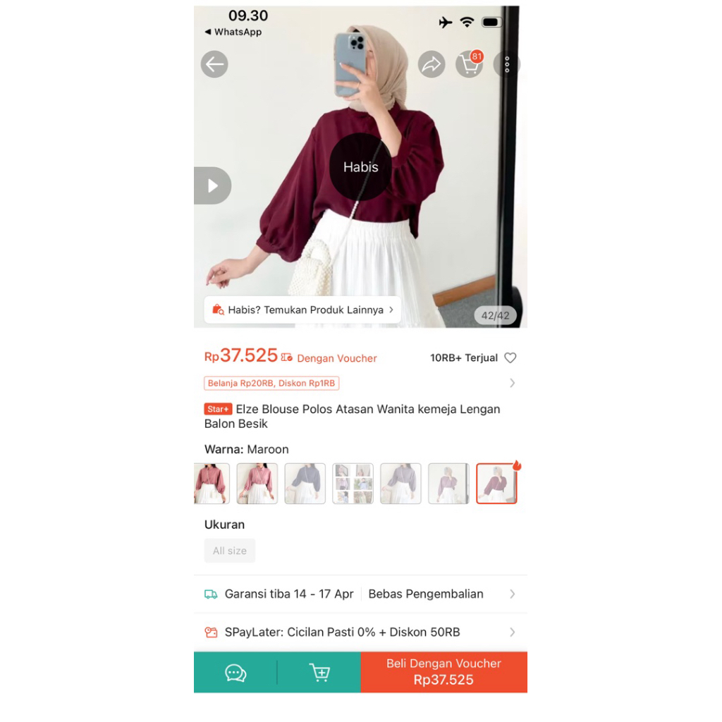 Preloved Elze Blouse Polos Atasan Wanita warna maroon kemeja Lengan Balon Besik