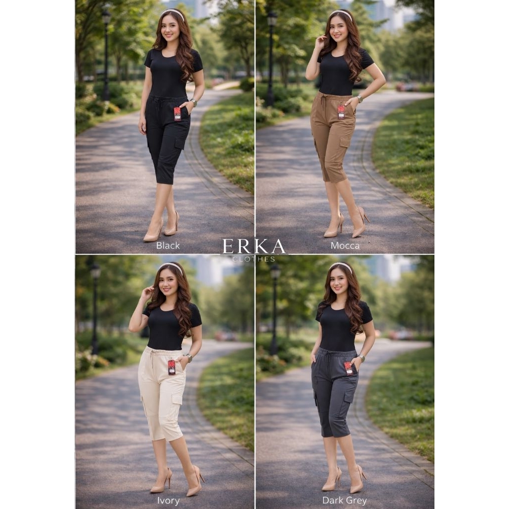 CELANA PENDEK CARGO WANITA 7/8 BAHAN ELIZABETH OTOMEN (SOFT JEANS)