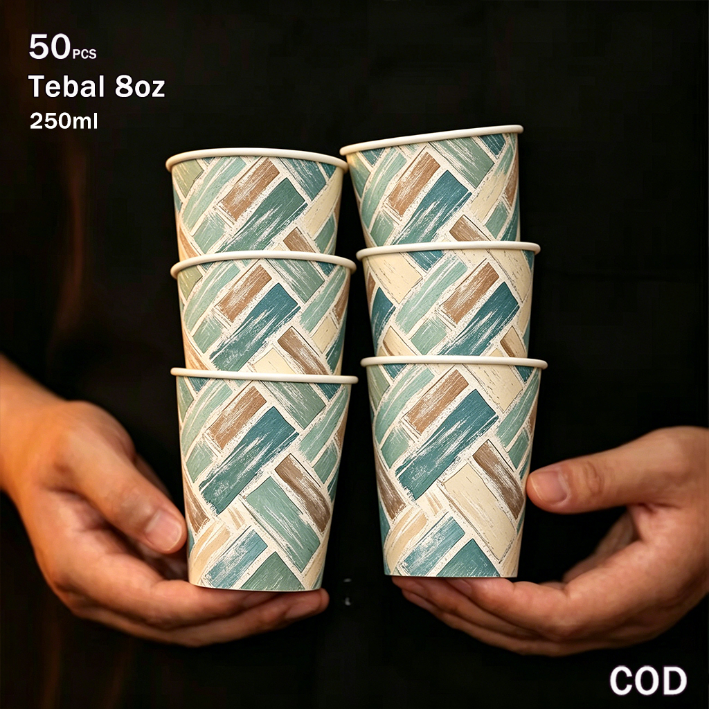 Gelas Kertas Tebal Motif Tenun Retro 50pcs/Gelas Kertas Kopi - Anti Bocor, Cocok Semua Minuman 8oz C
