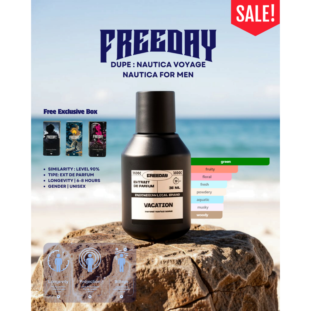 FREEDAY VACATION VOYAGE EXTRAIT DE PARFUM 35ML FREE BOX BISA COD