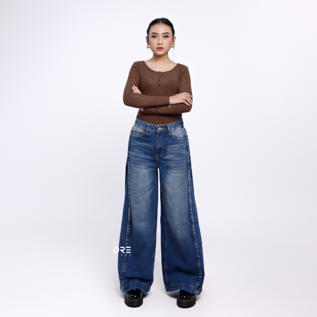 ORE - Barrel Kulot Jeans 346 Highwaist Casual Denim Pants Click Buttons Celana Wanita Non Strech
